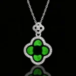 S925 silver inlaid Burmese black jade clover pendant necklace