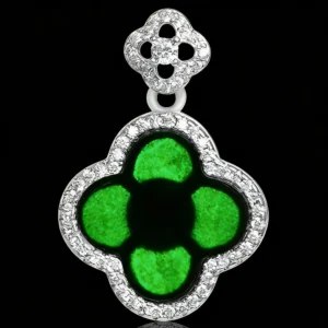 S925 silver clover pendant necklace with natural Burmese black jade inlay