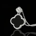 S925 silver clover pendant necklace with natural Burmese black jade inlay