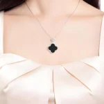S925 silver clover pendant necklace with natural Burmese black jade inlay
