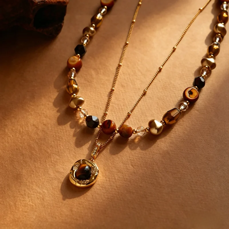 Maillard Vintage Tiger's Eye Pendant Layered Necklace