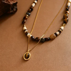 Maillard coconut shell and tiger's eye pendant necklace set
