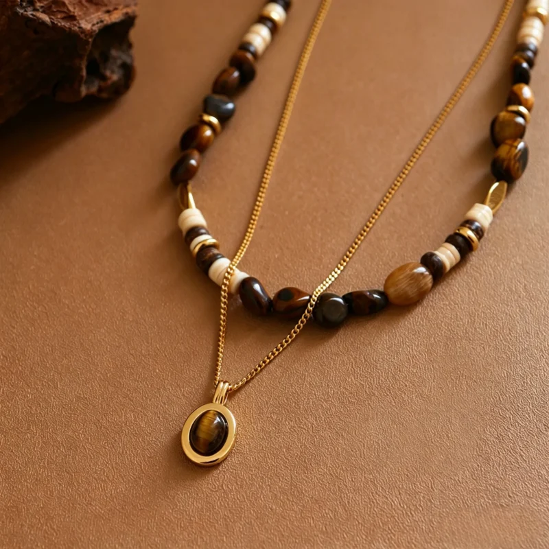 Maillard coconut shell and tiger's eye pendant necklace set