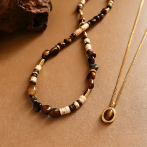 Maillard coconut shell and tiger's eye pendant necklace set