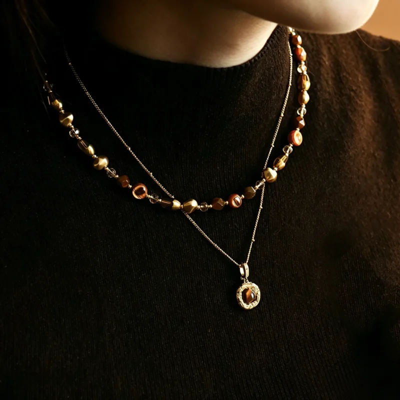 Maillard Vintage Tiger's Eye Pendant Layered Necklace