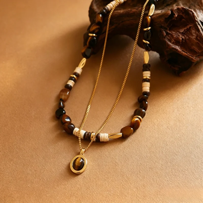 Maillard coconut shell and tiger's eye pendant necklace set