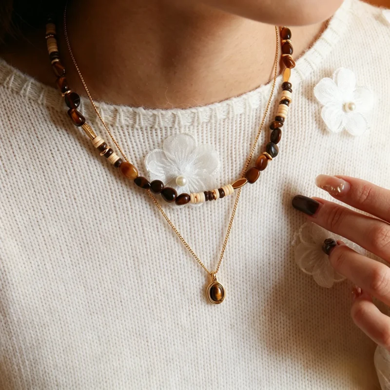 Maillard coconut shell and tiger's eye pendant necklace set
